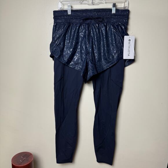Athleta Rainier 2 in 1 Navy Blue Running Leggings Shorts Womens M Activewear Gym - Picture 2 of 8